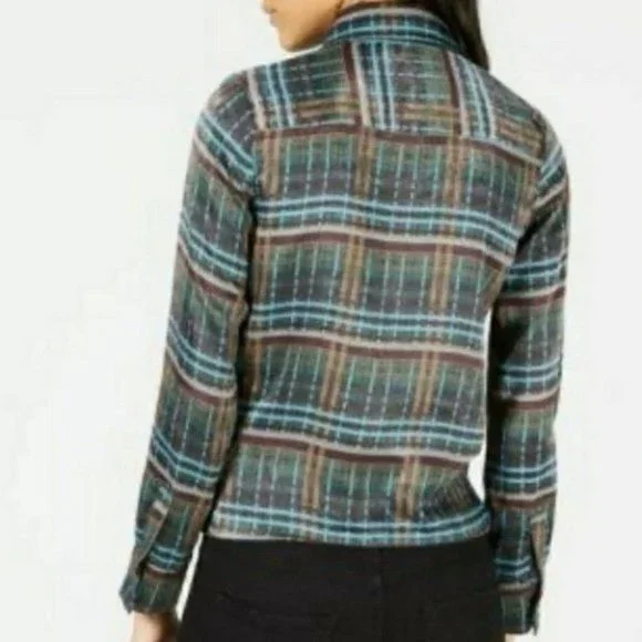 JOA Green Satin Plaid Tie Front Silky Long Sleeve Top - Picture 4 of 14